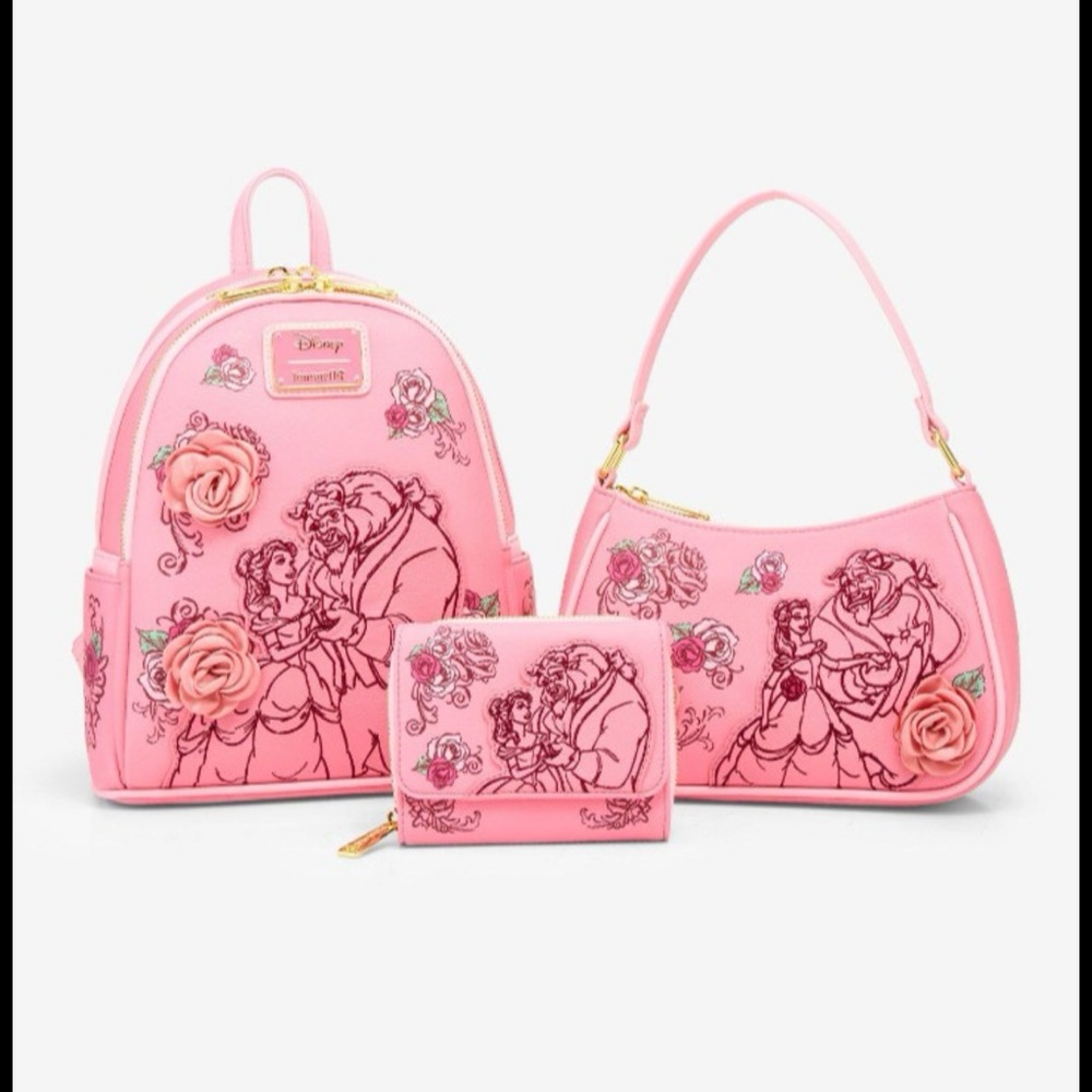 Loungefly Beauty and the Beast Pink Roses Mini Backpack, Crossbody & Wallet